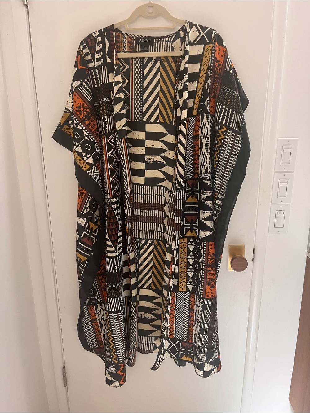 Ashro Geometric Patchwork Swim Coverup in Black, White, Rust & Mustard